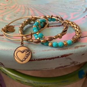 Alex and Ani 3 bracelets, gold and turquoise